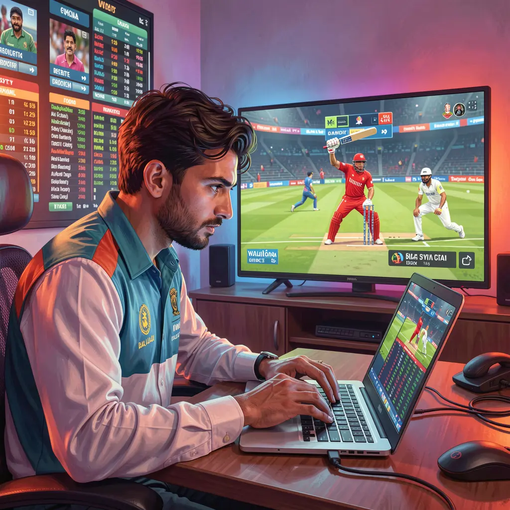 Professional betting environment with live cricket action and a laptop showing F222 betting markets for users in Bangladesh
