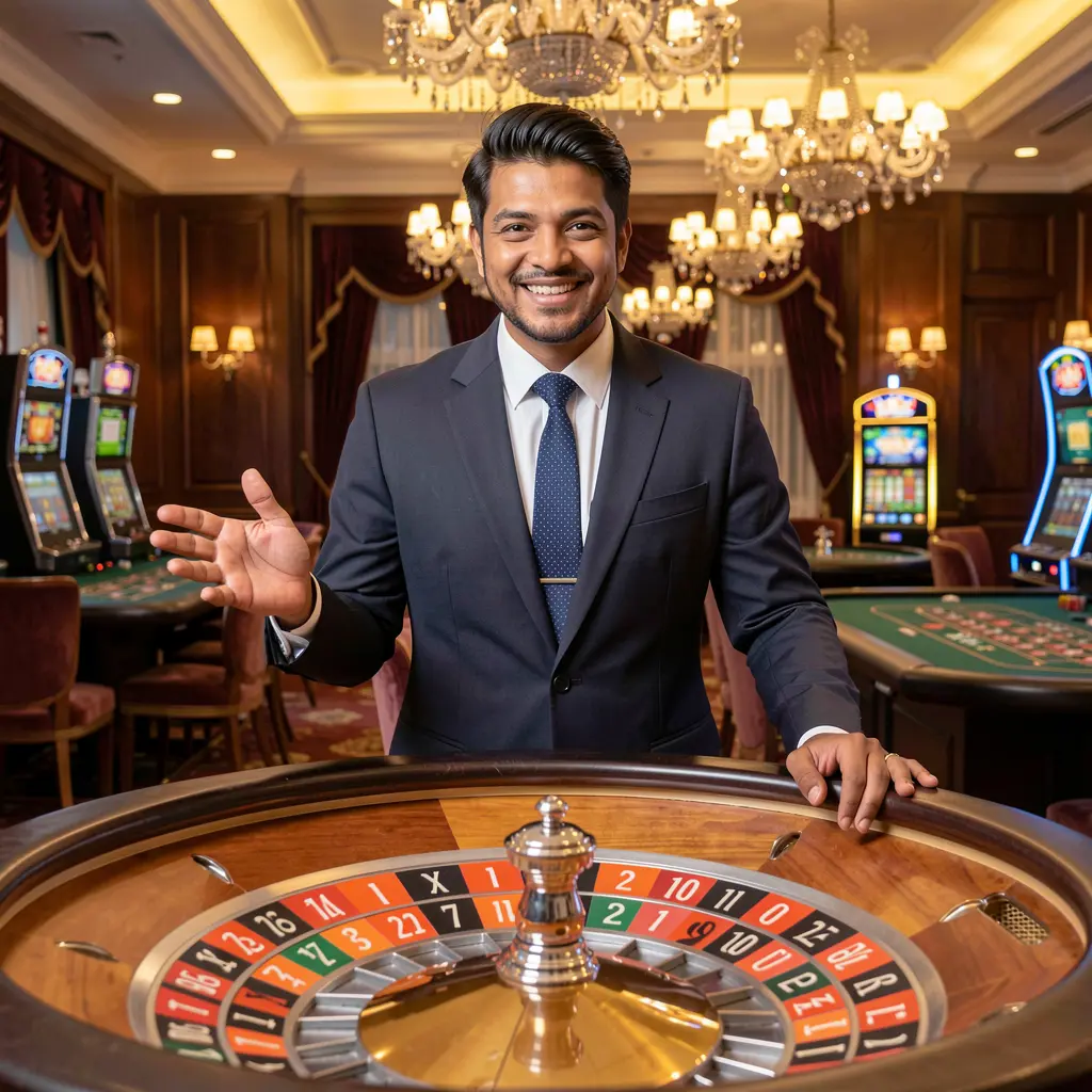 Confident casino dealer standing at a roulette table in a luxury gaming hall representing the premium live casino atmosphere of F222 for players in Bangladesh